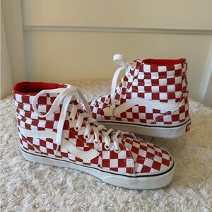 Vans Red and White Checkered High-Tops, Women’s size 8